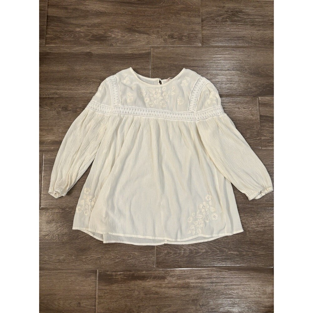 Prairiecore Boho‎ Ivory Girls Size L Top With Embroidery 3/4 Sleeves Flowy EUC